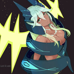  artemis_(luck_&amp;_logic) bare_shoulders black_background breasts cleavage collarbone commentary copyright_name dark-skinned_female dark_background dark_skin female from_above green_eyes green_hair hair_between_eyes large_breasts long_hair looking_at_viewer looking_up luck_&amp;_logic sidelocks simple_background solo sts 