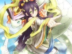  commentary_request detached_sleeves dragon female hair_rings izanami_(p&amp;d) kagutsuchi_(p&amp;d) long_hair okeriba pointing pointing_at_viewer purple_hair puzzle_&amp;_dragons robe smile yellow_eyes 