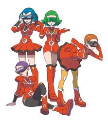  4girls aliana_(pokemon) annotated arm_support armor belt belt_buckle bent_over bike_shorts black_legwear blue_hair blue_lips boots brown_hair brown_lips bryony_(pokemon) buckle celosia_(pokemon) crossed_legs dress flipped_hair gloves glowing green_hair green_lips hair_rings hand_on_own_hip head-mounted_display highres knee_boots leotard lipstick long_sleeves looking_afar looking_at_viewer mable_(pokemon) makeup multiple_girls necktie official_art oomura_yuusuke pantyhose parted_lips pauldrons platform_footwear pleated_dress pokemon pokemon_xy purple_hair purple_lips red_gloves red_legwear red_leotard short_dress short_hair shorts shorts_under_skirt shoulder_armor simple_background sitting standing team_flare thigh_boots thigh_gap thighhighs uniform vambraces white_background yellow_legwear zettai_ryouiki 