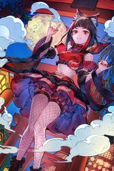  animal_ear_fluff animal_ears animare bare_shoulders blunt_bangs breasts brown_hair cloud commentary_request detached_sleeves female fishnet_thighhighs fishnets frilled_skirt frills from_below gigapuri highres inari_kuromu looking_at_viewer medium_breasts midriff moon multicolored_hair nanashi_inc. red_eyes red_hair red_skirt skirt smile solo streaked_hair thighhighs virtual_youtuber zettai_ryouiki 