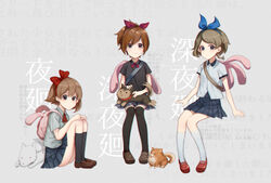  3girls bag bandage_on_face bandages blue_ribbon canine commentary_request haru_(yomawari) k1217y looking_at_viewer multiple_girls photoshop_(medium) pleated_skirt protagonist_(yomawari) red_ribbon ribbon school_uniform shin_yomawari shirt short_hair short_sleeves shoulder_bag sitting skirt white_shirt yomawari yomawari_(series) yui_(yomawari) 