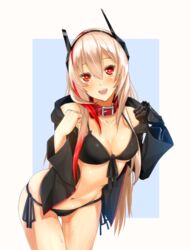  :d android bikini black_bikini blush collar commentary cowboy_shot female girls&#039;_frontline hair_between_eyes headgear heart heart-shaped_pupils highres jacket long_hair looking_at_viewer m4_sopmod_ii_(girls&#039;_frontline) mechanical_arms mechanical_ears multicolored_hair open_mouth pink_hair red_eyes red_hair side-tie_bikini_bottom single_mechanical_arm smile streaked_hair swimsuit symbol-shaped_pupils ukeuke 