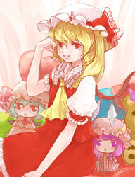  ascot blonde_hair character_doll commentary_request female flandre_scarlet gradient_background hand_on_own_face hat hat_ribbon heart light_smile lips looking_at_viewer ma_nyan_(nyao_mao_nyao) mob_cap patchouli_knowledge puffy_short_sleeves puffy_sleeves red_eyes remilia_scarlet ribbon short_hair short_sleeves side_ponytail sitting skirt skirt_set solo stuffed_animal stuffed_toy teddy_bear touhou wings 