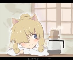  alpaca_ears alpaca_suri_(kemono_friends) animal_ears blonde_hair blue_eyes blush closed_mouth coffee_pot commentary_request female head_tilt horizontal_pupils kawa_mura kemono_friends letterboxed long_hair long_sleeves smile solo steam translated window 