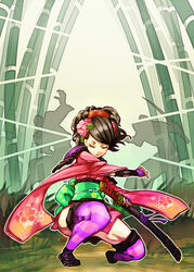  bamboo black_hair closed_eyes commentary_request female flower hair_flower hair_ornament hiyohiyo_(naga) japanese_clothes katana kimono momohime oboro_muramasa outline sheath sheathed silhouette solo_focus sword thighhighs weapon white_outline 