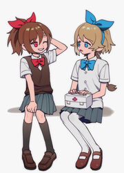  2girls bandage_on_face bandages blue_eyes blue_ribbon commentary_request first_aid_kit haru_(yomawari) loafers looking_at_another multiple_girls one_eye_closed pantyhose pleated_skirt ponytail red_eyes red_ribbon ribbon school_uniform shin_yomawari shirt shoes short_sleeves sitting skirt smile white_background white_shirt wuliu_heihuo yomawari_(series) yui_(yomawari) 