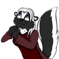  1:1 anthro black_body black_fur blue_eyes clothing female foxyruby fur hair mammal mephitid skunk smile solo sticker thank twillight_(twillightskunk) white_body white_fur white_hair 