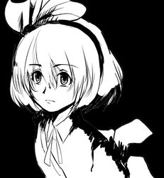  bag black_background commentary_request female greyscale hair_between_eyes hair_ribbon monochrome protagonist_(yomawari) ribbon school_uniform shirt short_hair shoulder_bag unimamo yomawari_(series) 