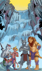  aetherel alexander_silverfang anthro bottomwear canid canine canis clothed clothing felid fox franko_(negy) frozen_waterfall group hi_res hybrid ice jewelry lion loincloth male mammal map markings melee_weapon negy pantherine shin_(negy) slim slim_anthro slim_male sword topless water waterfall weapon wolf young 