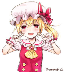  bad_id bad_pixiv_id blonde_hair blush bow brooch female fingers_to_cheeks flandre_scarlet hat hat_bow jewelry oerba_yun_fang red_eyes side_ponytail simple_background smile solo touhou umeko_(koori_ume) upper_body white_background wrist_cuffs 