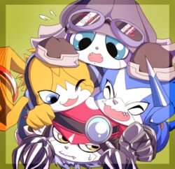  4boys appmon blue_eyes commentary_request digimon digimon_(creature) digimon_universe:_appli_monsters dokamon fangs fur_collar gatchmon goggles goggles_on_head hat headphones kon&#039;no_haruka multiple_boys musimon no_humans offmon pointy_nose yellow_eyes 