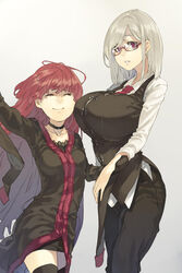  2girls black_legwear blonde_hair breasts choker closed_eyes commentary formal glasses gram_(muneneko) highres huge_breasts long_hair looking_at_viewer multiple_girls muneneko original parted_lips red-framed_eyewear red_eyes red_hair schwarzschild_(muneneko) small_breasts smile thighhighs thighs 