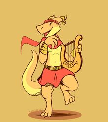  2018 anthro claws clothing dancing digital_media_(artwork) dungeons_and_dragons egyptian happy hasbro hi_res kobold looking_at_viewer lyre male musical_instrument plucked_string_instrument reptile scales scalie simple_background singing sirocco smile solo string_instrument tamlin123 white_background wizards_of_the_coast 