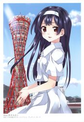  :d absurdres belt border dress female from_side headband highres k-books kobe kobe_port_tower kuroi_mimei open_mouth own_hands_together purple_hair red_eyes smile solo tower white_border 