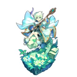  1boy aqua_eyes dragalia_lost faux_figurine flower full_body grass green_hair looking_at_viewer lowen_(dragalia_lost) non-web_source official_art open_mouth saitou_naoki shoes short_hair sitting smile socks staff transparent_background wide_sleeves winged_footwear wings 