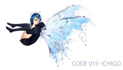  black_hoodie blue_hair blue_wings butterfly_wings commentary darling_in_the_franxx earrings female full_body green_eyes hair_ornament hairclip halo highres hood hoodie ichigo_(darling_in_the_franxx) insect_wings jewelry rebyo self-upload short_hair solo thighhighs white_background wings 