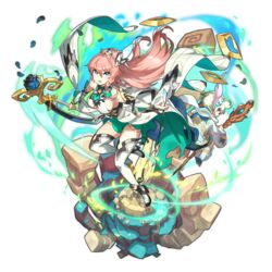  1boy blue_eyes bow_(weapon) breasts dragalia_lost female green_eyes green_hair hair_ornament long_hair looking_at_viewer looking_back louise_(dragalia_lost) lowen_(dragalia_lost) non-web_source official_art pink_hair saitou_naoki sideboob thighhighs transparent_background weapon 