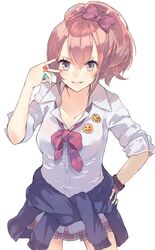  bad_id bad_pixiv_id badge blue_eyes bow brooch brown_hair button_badge clothes_around_waist collared_shirt commentary_request dress_shirt female hairbow hand_on_own_hip highres idolmaster idolmaster_cinderella_girls jewelry jougasaki_mika looking_at_viewer nail_polish peace_symbol pink_nails ponytail ribbon ring school_uniform shirt simple_background sleeves_pushed_up smile solo sweater sweater_around_waist ultone_(neisiss) v_over_eye white_background 