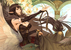  absurdres arch bird black_dress black_hair breasts bridal_gauntlets carving cleavage clothes_pull commentary daffodil dress fate/apocrypha fate/grand_order fate_(series) female flower fur_trim hand_up highres long_dress long_hair pigeon pillar pointy_ears semiramis_(fate) seomouse skirt skirt_pull spikes very_long_hair white_flower yellow_eyes 