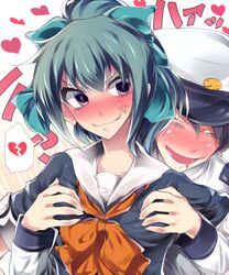  1boy admiral_(kancolle) anger_vein bad_id bad_pixiv_id blush bow bowtie embarrassed female grabbing grabbing_another&#039;s_breast kantai_collection mizukami_ryouma orange_bow orange_bowtie school_uniform serafuku straight uniform upper_body yuubari_(kancolle) 