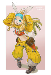  animal_ears ankle_boots antenna_hair baggy_pants belt_pouch blonde_hair blue_eyes boots braid commentary_request crafting_shop_daughter_(monster_hunter) detached_sleeves female flat_chest headband long_hair midriff monster_hunter_(series) monster_hunter_4 navel nokuran pants photoshop_(medium) pigeon-toed pouch rabbit_ears rabbit_tail smile solo strapless suspenders tail tube_top twin_braids 