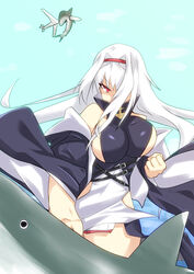  aircraft airplane azur_lane breasts colorado_(azur_lane) commentary_request female hair_intakes hair_over_one_eye hairband highres large_breasts punching red_eyes red_hairband sangue_llia shaded_face shark sideboob white_hair 