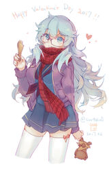  artemis_(fate/grand_order) bear blue_eyes breasts fate/grand_order fate_(series) female glasses heart jacket large_breasts long_hair looking_at_viewer open_mouth orion_(fate/grand_order) scarf school_uniform silver_hair skirt smile solo standing thighhighs 