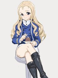  bc_freedom_military_uniform black_footwear blonde_hair blue_jacket blue_vest boots cake closed_mouth commentary crossed_legs dress_shirt female food food_on_face forehead fork girls_und_panzer green_eyes grey_background head_tilt high_collar highres holding jacket knee_boots long_hair long_sleeves looking_at_viewer marie_(girls_und_panzer) military military_uniform miniskirt nekoi_mie pleated_skirt saucer shirt simple_background sitting skirt smile solo stool uniform vest white_shirt white_skirt 