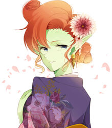  alternate_hairstyle blue_eyes cherry_blossoms colored_skin curly_hair dragon_ball dragon_ball_z earrings female floral_print flower green_skin hair_flower hair_ornament hair_up highres japanese_clothes jewelry kimono looking_at_viewer looking_back orange_hair petals pointy_ears shitora_(bernkastel) solo zangya 