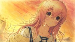  brown_eyes crying game_cg kimi_to_kanojo_to_kanojo_no_koi. long_hair mukou_aoi nitroplus pink_hair seifuku sunset tears tsuji_santa 