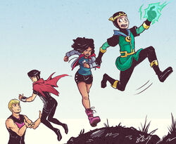  3boys america_chavez angry avengers black_hair blonde_hair cape female gloves hulkling kid_loki loki_(marvel) long_hair marvel miss_america multiple_boys open_mouth running simple_background star wiccan young_avengers 