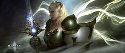  armor blonde_hair breastplate chainmail chinese_commentary commentary_request crusader_(diablo_3) diablo_(series) diablo_3 energy energy_wings female gauntlets highres medium_hair parted_lips pauldrons photoshop_(medium) realistic shield shoulder_armor solo sword weapon wind yellow_eyes yijian_ma 