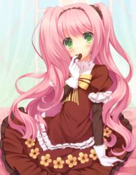  1boy amamiya_marron blush commentary_request crossdressing dress gloves hanabusa_kokoro i-chu long_hair male_focus otoko_no_ko pink_hair solo valentine white_gloves 