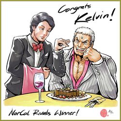  2boys alcohol black_eyes black_hair blue_eyes bow bowtie commentary cup dark-skinned_male dark_skin drinking_glass english_commentary english_text food forehead_jewel fork formal kelvin_jeon knife meme multiple_boys napkin real_life richard_suwono salt_bae_(meme) steak street_fighter street_fighter_v suit tuxedo urien waiter white_hair wine wine_glass 