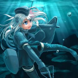  abazu-red blonde_hair blue_eyes commentary_request cosplay cropped_jacket female garrison_cap gloves hat highres kantai_collection long_hair military military_uniform ro-500_(kancolle) self_cosplay solo u-511_(kancolle) u-511_(kancolle)_(cosplay) underwater uniform 