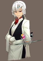  altera_(fate) alternate_costume apron black_vest brown_background collared_shirt commentary dark-skinned_female dark_skin fate/grand_order fate_(series) female gift_card glass gloves google_play grin hair_ornament hairclip headband holding i-pan long_hair looking_at_viewer necktie parted_lips ponytail red_eyes red_necktie shirt simple_background smile solo tray upper_body vest waist_apron waitress white_gloves white_hair white_shirt wing_collar 