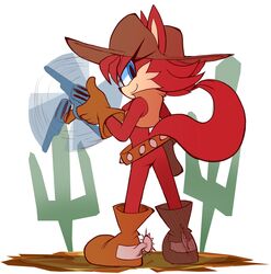  anthro archie_comics avoid_posting blue_eyes canid canine evenytron female fiona_fox fox fur gun hi_res looking_back mammal ranged_weapon rear_view red_body red_fur sega solo sonic_the_hedgehog_(archie) sonic_the_hedgehog_(comics) sonic_the_hedgehog_(series) weapon 