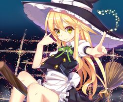  apron ashu blonde_hair broom broom_riding commentary_request female hat kirisame_marisa long_hair looking_at_viewer puffy_short_sleeves puffy_sleeves shirt short_sleeves skirt skirt_set solo touhou very_long_hair vest waist_apron witch_hat yellow_eyes 