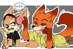  2016 angry annoyed anthro bedroom_eyes bodily_fluids brown_eyes canid canine clothing dialogue disney duo ear_play electronics english_text fennec_fox finnick_(zootopia) fox green_eyes half-closed_eyes headphones heart_symbol inner_ear_fluff larger_male letterbox licking licking_lips looking_back lying male male/male mammal narrowed_eyes nick_wilde on_front open_mouth pawpads romantic romantic_ambiance romantic_couple saku1saya seductive self_lick simple_background sitting size_difference smaller_male speech_bubble sweat sweatdrop text tongue tongue_out true_fox tuft zootopia 