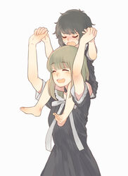  2girls :d ^_^ age_difference aged_down bad_id bad_pixiv_id barefoot blush brown_hair carrying closed_eyes commentary_request flowers_(innocent_grey) highres holding_hands keiya lolicon medium_hair multiple_girls open_mouth photoshop_(medium) ribbon school_uniform short_hair shoulder_carry simple_background smile takasaki_chidori time_paradox white_background white_ribbon yaegaki_erika 