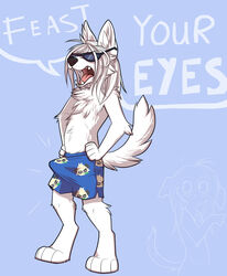  anthro avoid_posting barefoot bear bottomwear bulge canid canine canis clothed clothing dialogue english_text eyewear fangs feet fur generation_6_pokemon giant_panda glasses gums hair humor keihound long_hair male mammal nintendo nude open_mouth pancham partially_clothed pokemon pokemon_(species) sharp_teeth shorts solo standing teeth text the_interview tongue wolf 