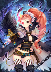  belt belt_skirt breasts brown_eyes cape chains chinese_commentary cleavage commentary_request dkaki fantasy feather_fan feathers female gloves glowing glowing_eye medium_breasts midriff orange_hair original panties ponytail solo thighhighs underwear wide_ponytail 