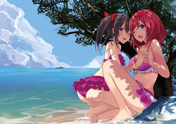  2girls beach bikini black_hair commentary_request day frilled_bikini frills holding_hands long_hair love_live! love_live!_school_idol_project multiple_girls nishikino_maki okutomi_fumi outdoors purple_eyes red_eyes red_hair short_hair swimsuit twintails yazawa_nico 