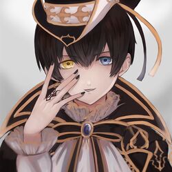  1boy black_hair black_nails blue_eyes commentary_request eva_armstrong goth_fashion hat heterochromia hirayama_ityu i-chu male_focus nail_polish solo top_hat yellow_eyes 