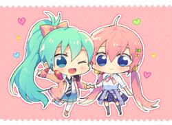  2girls ahoge blush chibi commentary_request eyelashes green_eyes green_hair hair_ornament hair_ribbon hatsune_miku headphones heart holding_hands houkago_mode_(module) kneehighs long_hair low_twintails megurine_luka multiple_girls necktie one_eye_closed pink_background pink_hair ponytail project_diva_(series) project_diva_f ribbon ribbon_girl_(module) sinaooo skirt smile socks twintails very_long_hair vocaloid 