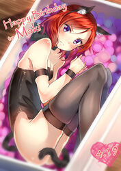  animal_ears bare_shoulders blush box cat_ears commentary dated fake_animal_ears female fetal_position hairband happy_birthday in_box in_container looking_at_viewer love_live! love_live!_school_idol_project nishikino_maki packing_peanuts photoshop_(medium) purple_eyes red_hair shitou_(1992116210) short_hair solo tail thighhighs 