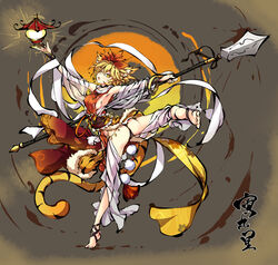  animal_ears black_panties blonde_hair breasts commentary_request dancer female hagoromo medium_breasts ms06s no_bra obi panties photoshop_(medium) polearm revealing_clothes sash see-through shawl short_hair sideboob solo spear spread_legs standing standing_on_one_leg tail tiger_ears tiger_tail toramaru_shou touhou underwear weapon yellow_eyes 