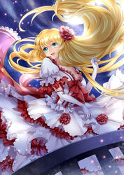  :d \||/ blonde_hair blue_eyes bow chinese_commentary commentary_request dkaki dress dress_flower elbow_gloves female fence floating_hair flower frills full_moon gloves gown hair_floating_upwards hair_flower hair_ornament laces layered_dress long_dress long_hair moon night open_mouth original puffy_short_sleeves puffy_sleeves red_bow red_flower ribbon short_sleeves smile solo sparkle teeth upper_teeth_only very_long_hair white_dress white_gloves 