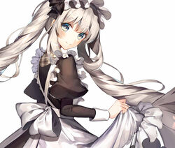  apron apron_lift bad_id bad_twitter_id black_bow black_shirt blue_eyes bow clothes_lift fate/grand_order fate_(series) female floating_hair hairbow juliet_sleeves kouyafu long_hair long_sleeves looking_at_viewer looking_back maid maid_headdress marie_antoinette_(animejapan_2016)_(fate) marie_antoinette_(fate) official_alternate_costume puffy_sleeves shirt simple_background smile solo standing twintails very_long_hair white_apron white_background white_bow white_hair 