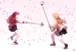  2girls absurdres commentary dated_commentary dicorndl highres jacket long_hair mary_janes motion_blur multiple_girls open_clothes open_jacket orange_hair original pleated_skirt red_eyes red_hair selfie_stick shoes skirt socks twintails 